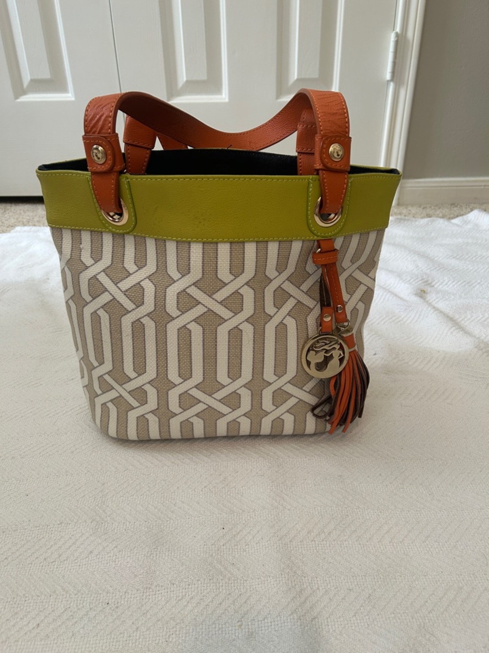 Spartina 449 Beige Geometric Tote with Lime Trim and Orange Handles
